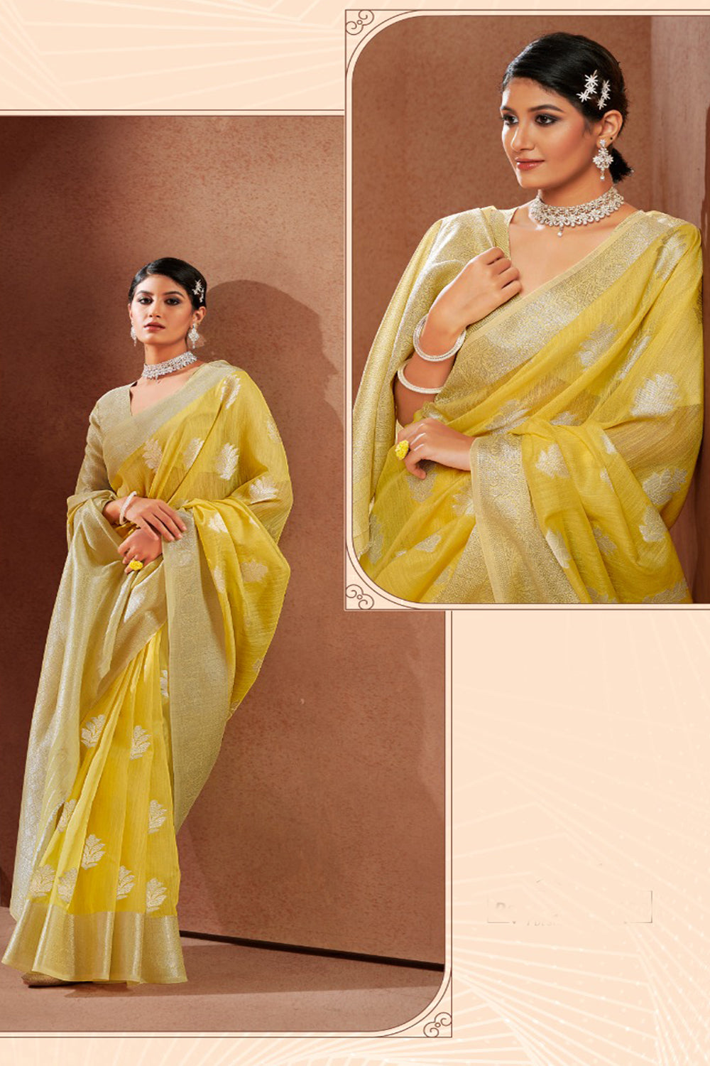 Lemon yellow color soft cotton silk saree with woven design