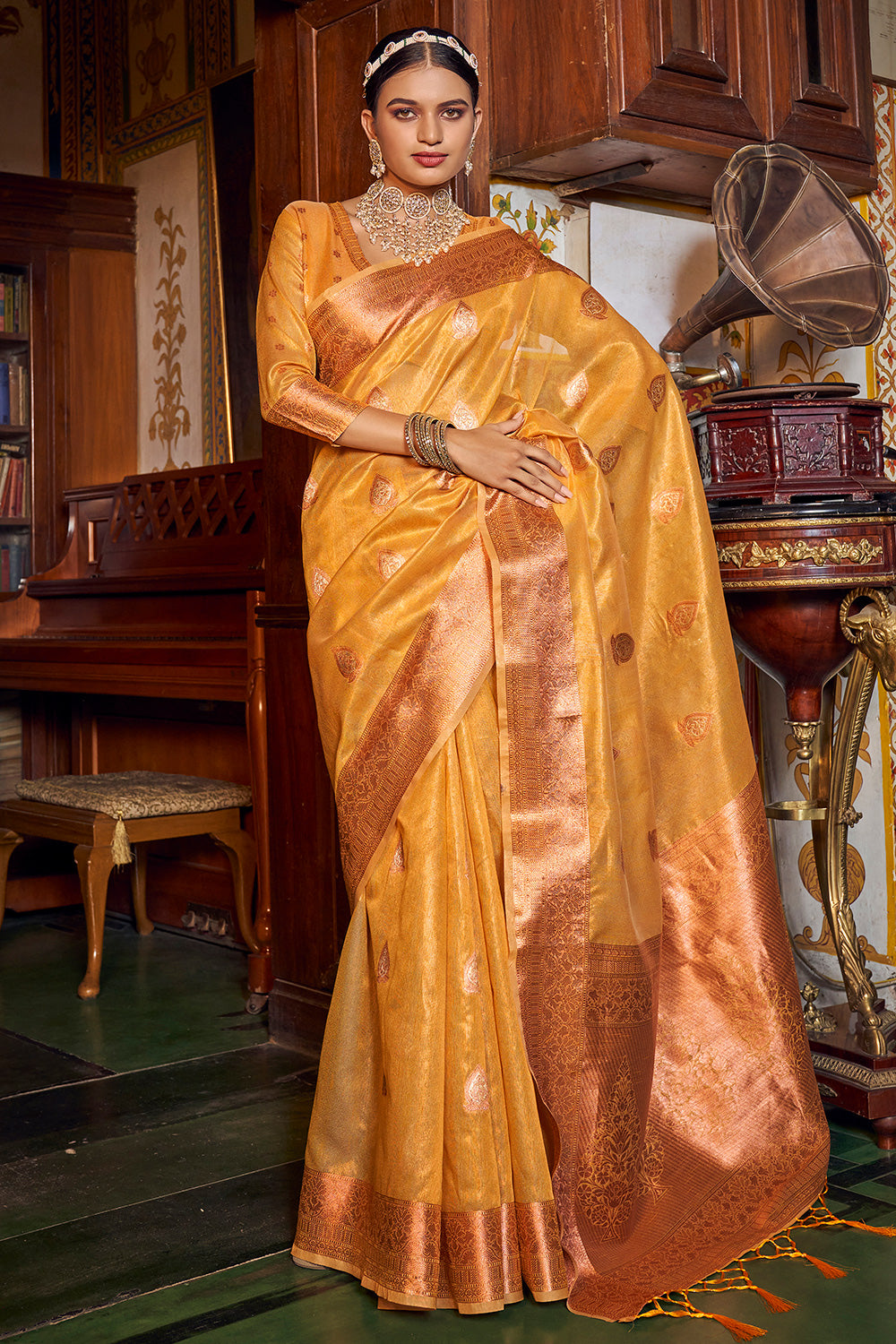 Yellow and blue uppada tissue sarees