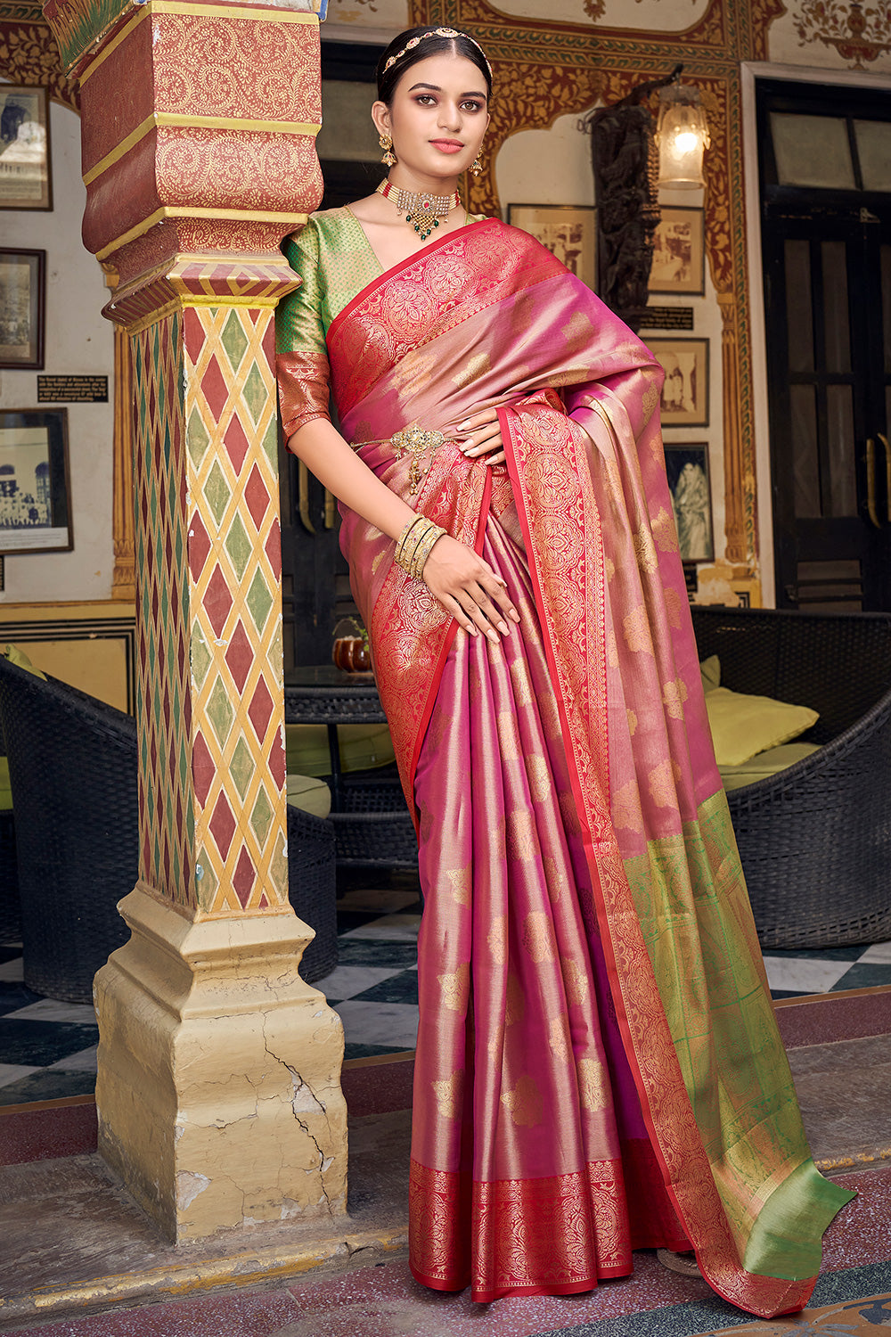 Pure Organza Saree Online with Embroidery Rose Pink Color