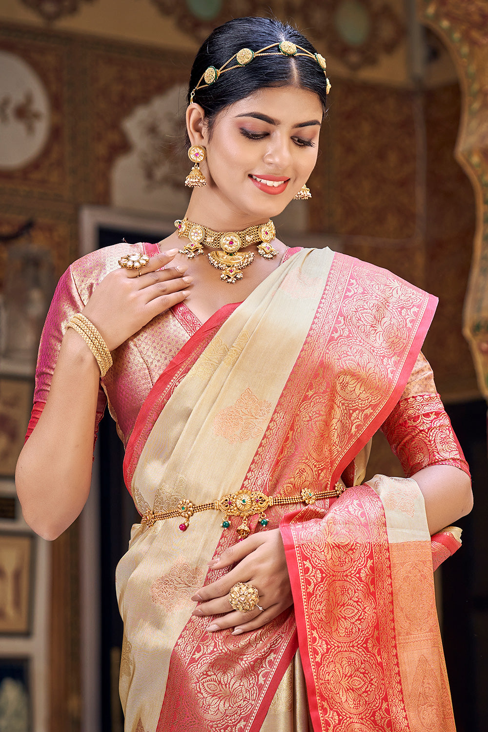 Cream Banarasi Silk Jacquard Woven Saree with Blouse » BRITHIKA Luxury  Fashion