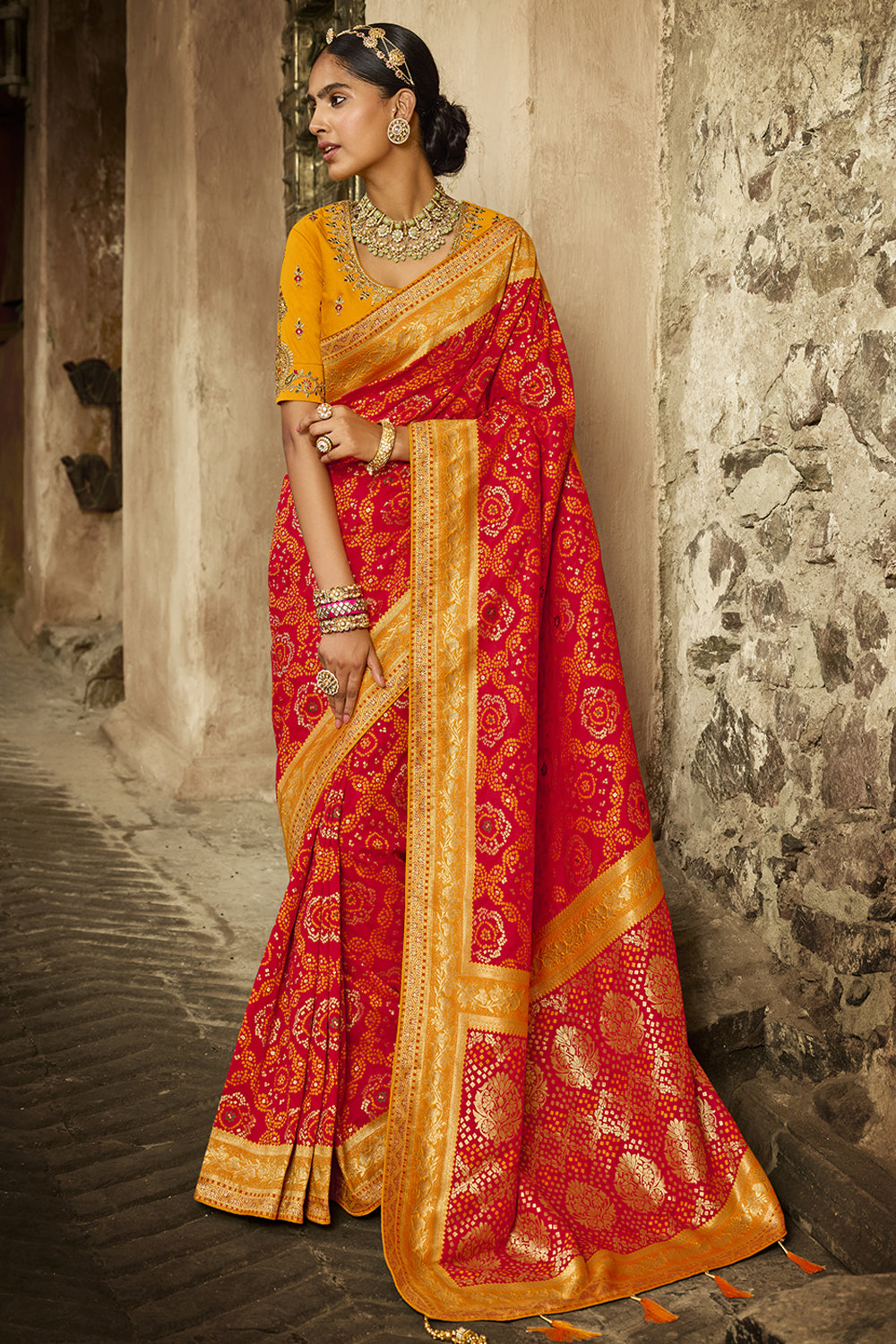 DEVINE TEXTILE Pure Paithani Yellow And Maroon Colour Silk Saree With Gold  Zari Work And Unstiched