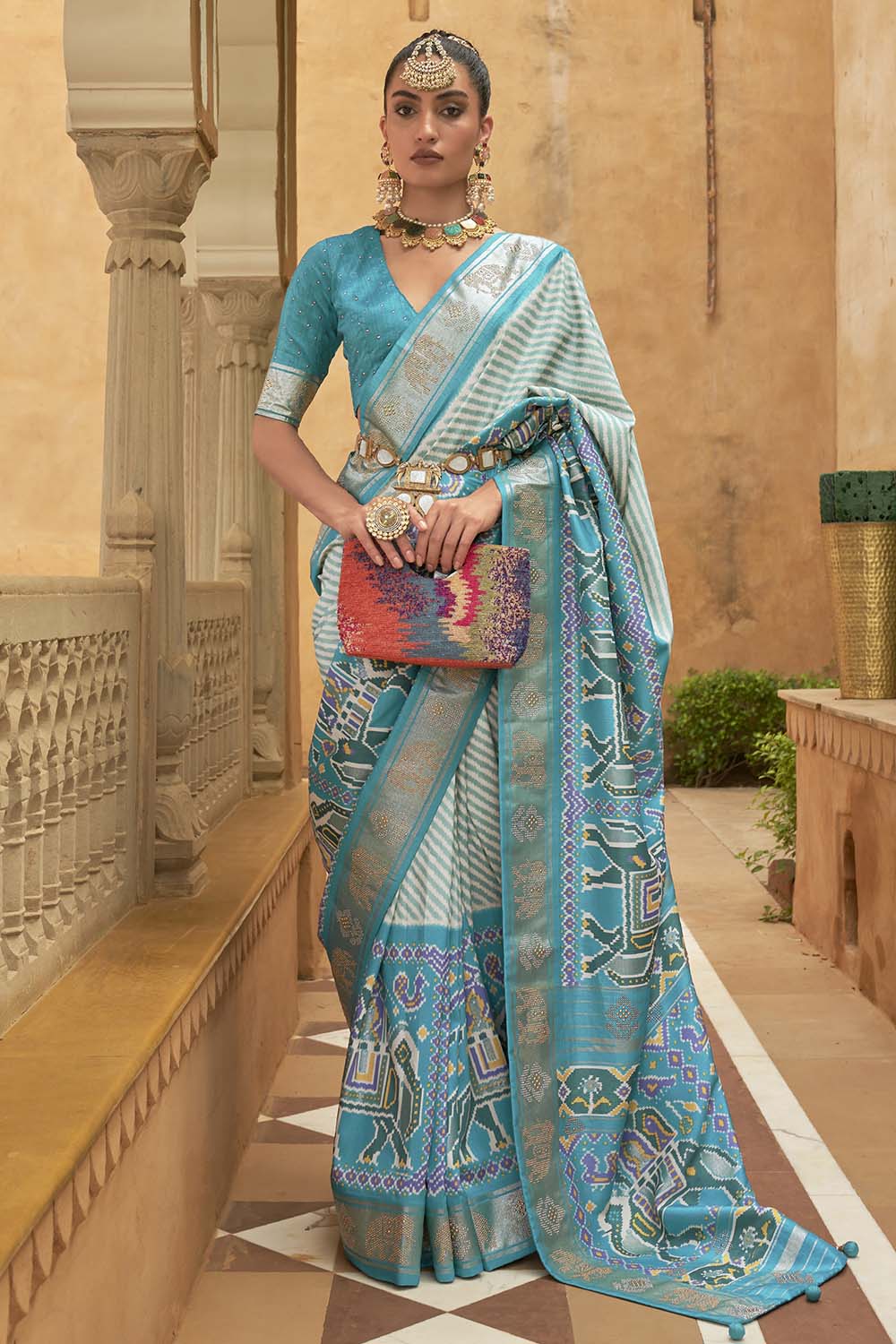 Sky-Blue Bridal Woven Banarasi Silk Saree With Blouse