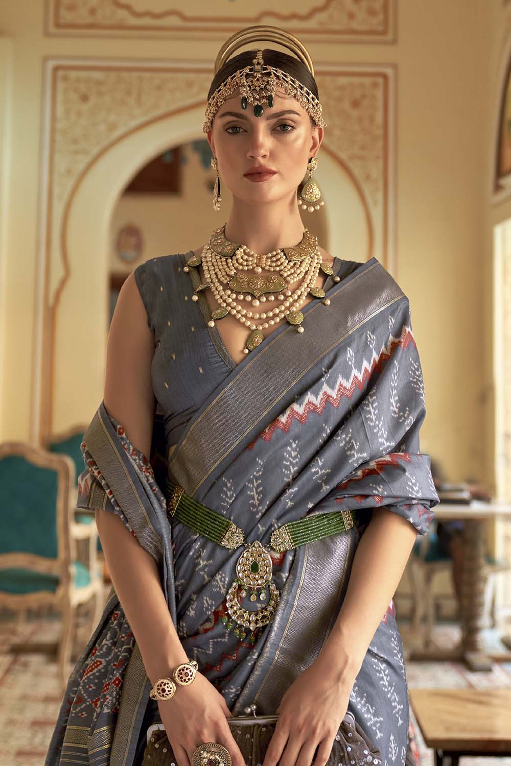 Buy Grey Saree Organza Silk Embroidered Sequin Hand Crystal Butti For Women  by Sarang Kaur Online at Aza Fashions.