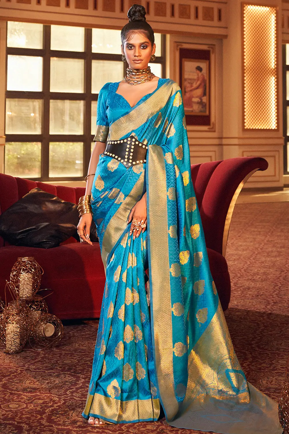 Yellow & Firozi Colour Combination Pure Soft Semi Silk Saree With  Attractive Unstitched Blouse Piece (Earth)