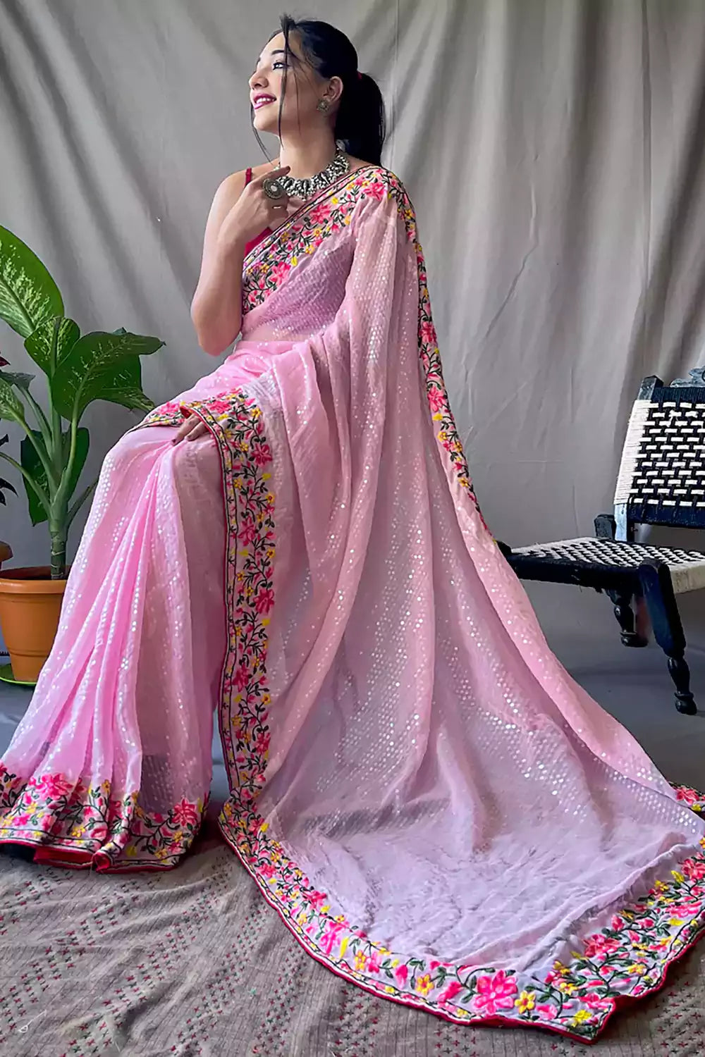 Baby pink georgette embroidered and stone work casualwear saree | Saree  models, Baby pink saree, Saree