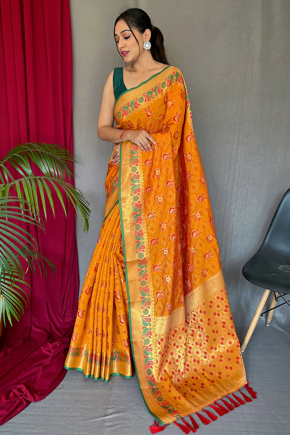 Yellow Color Thread Work Silk Saree