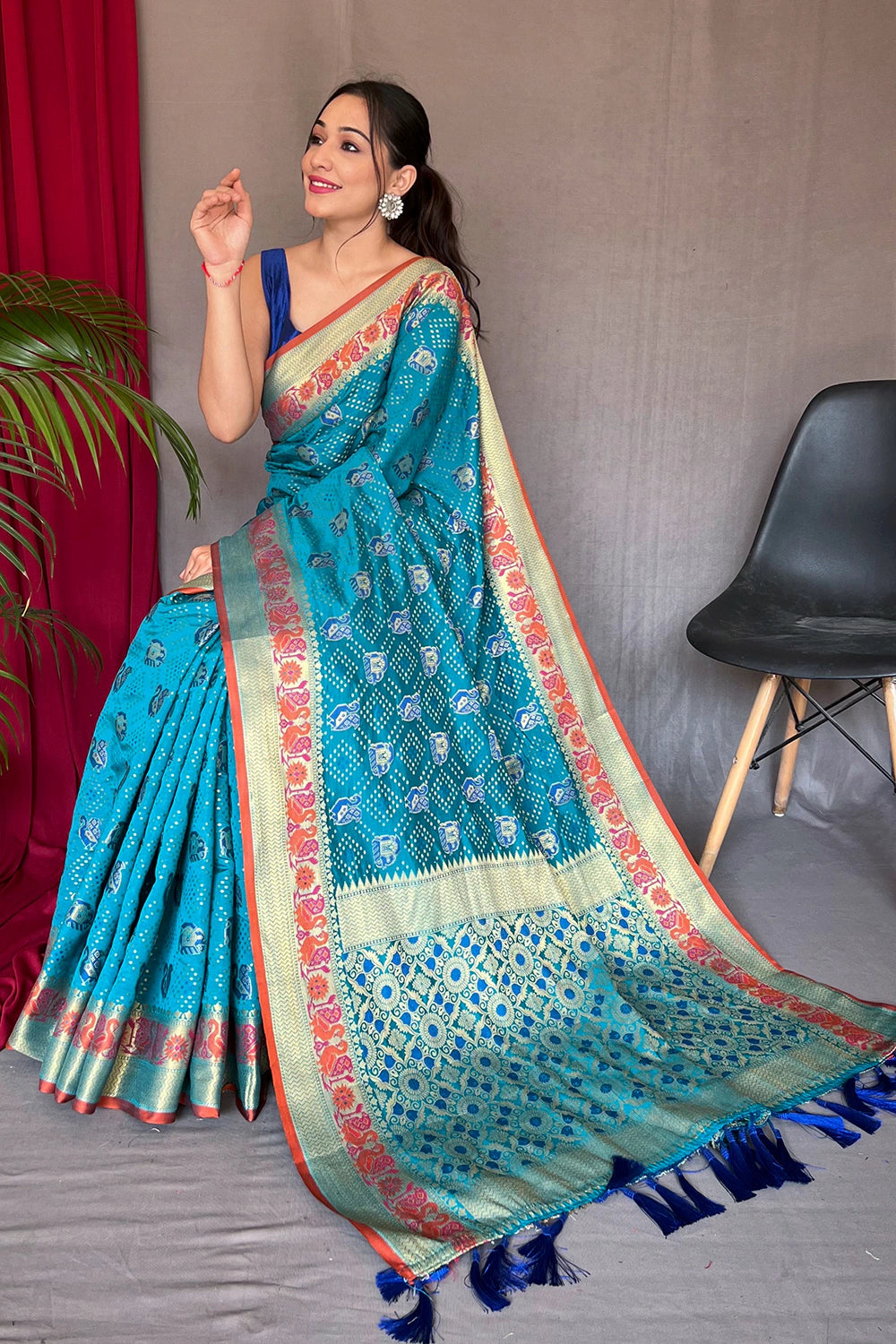 Rama Blue Dola Silk Saree With Zari Weaving Border & Pallu