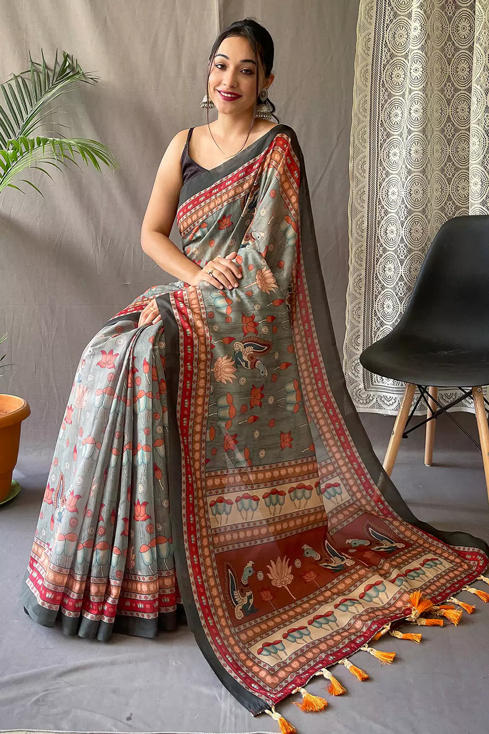 Red with Blue Tribal Art Kalamkari Printed Silk Cotton Saree – Fashionous