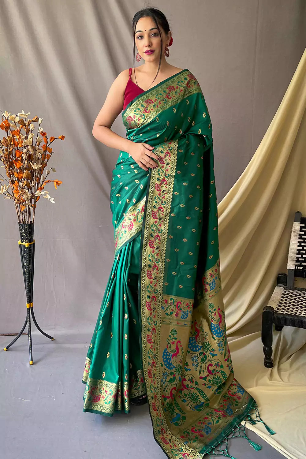 Dark green silk saree with blouse 5412