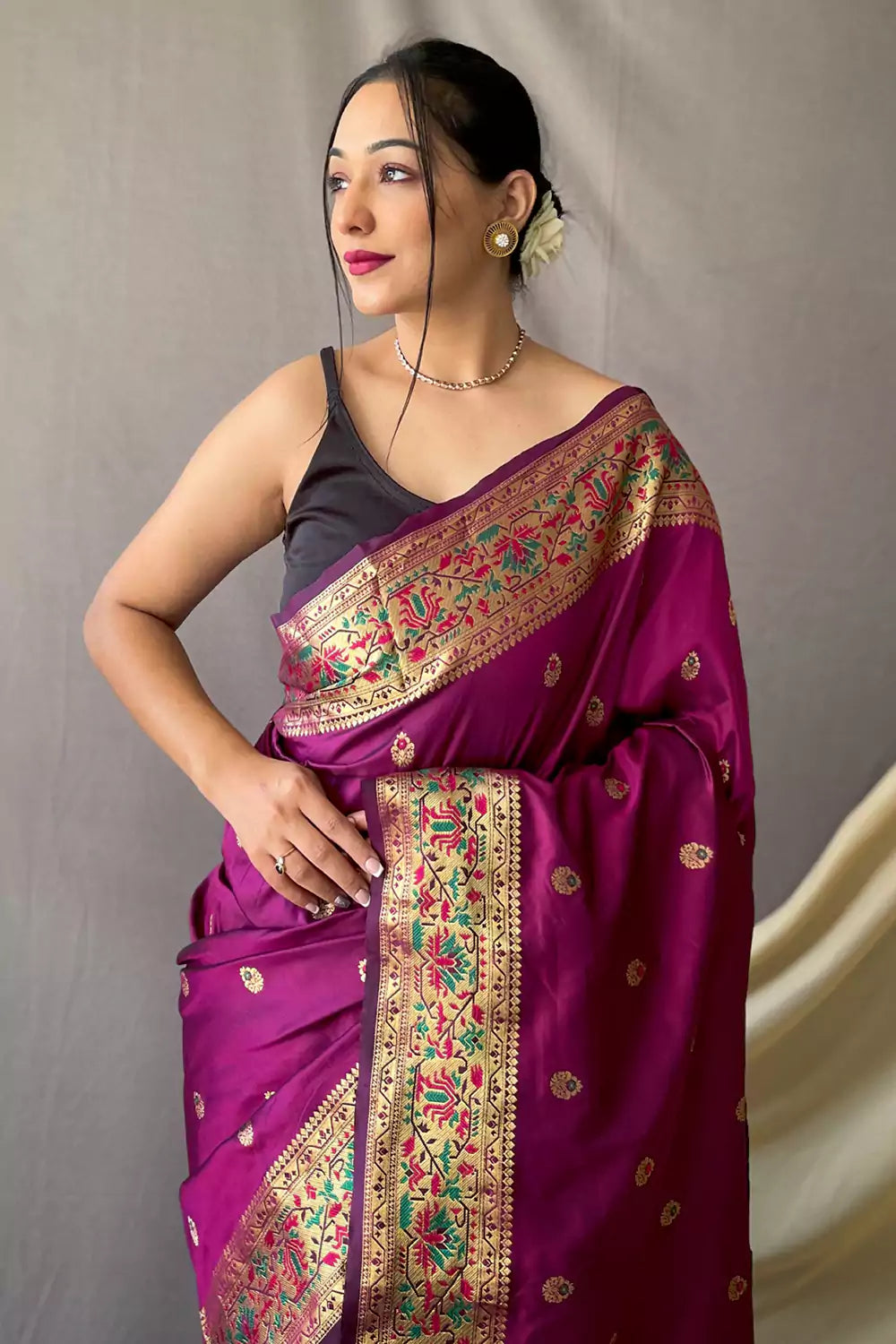 Fusion Violet-Red Feather Soft Saree – House of Vardha