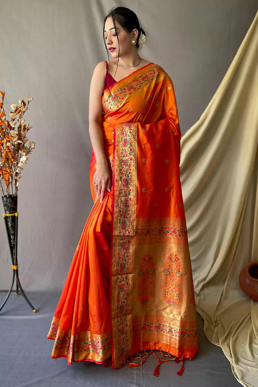 Orange Color Banarasi Silk Patch Border Classic Designer Saree –  fashionnaari