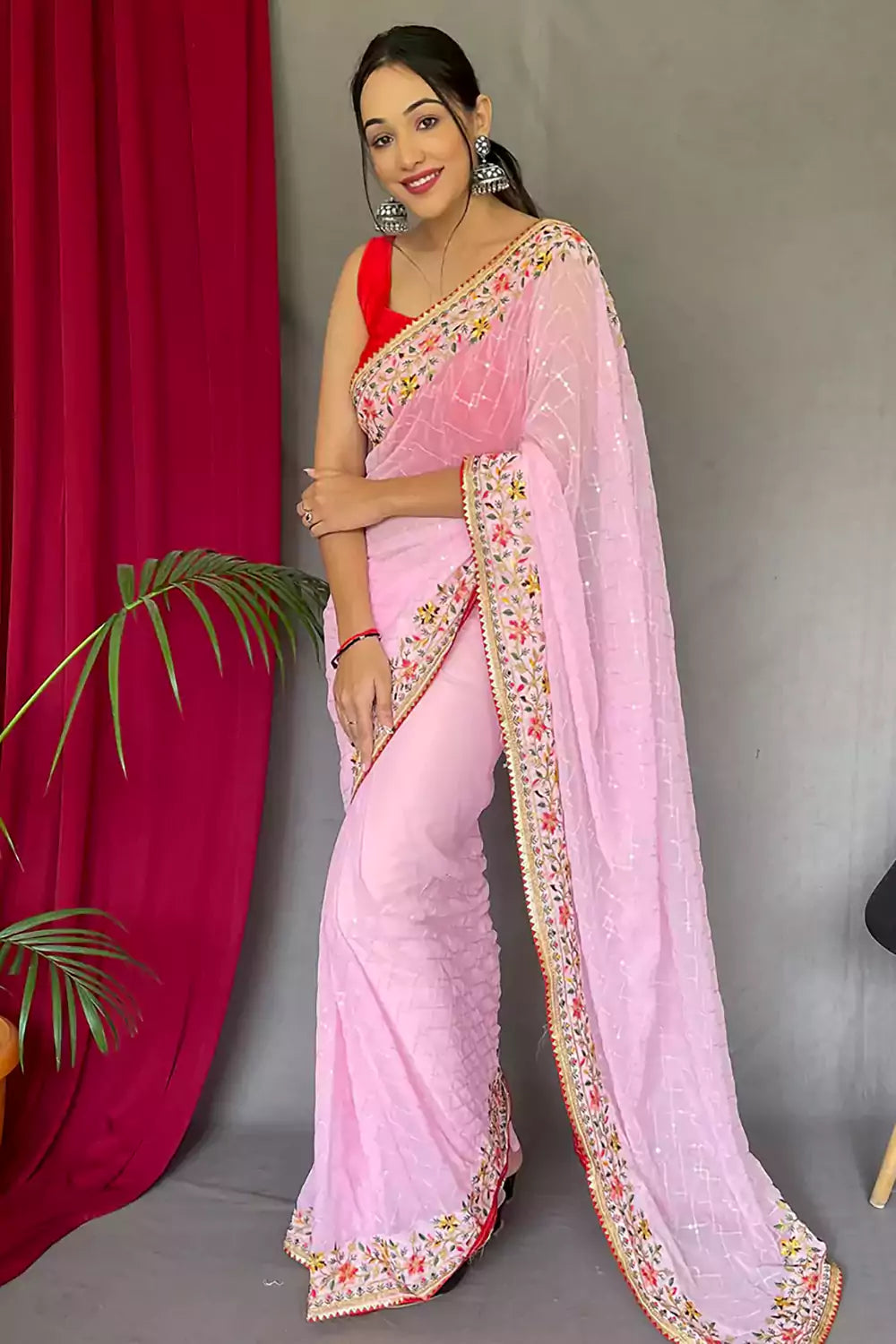 Glamorous Baby Pink colour zari embroidered saree with blouse – Vpnam