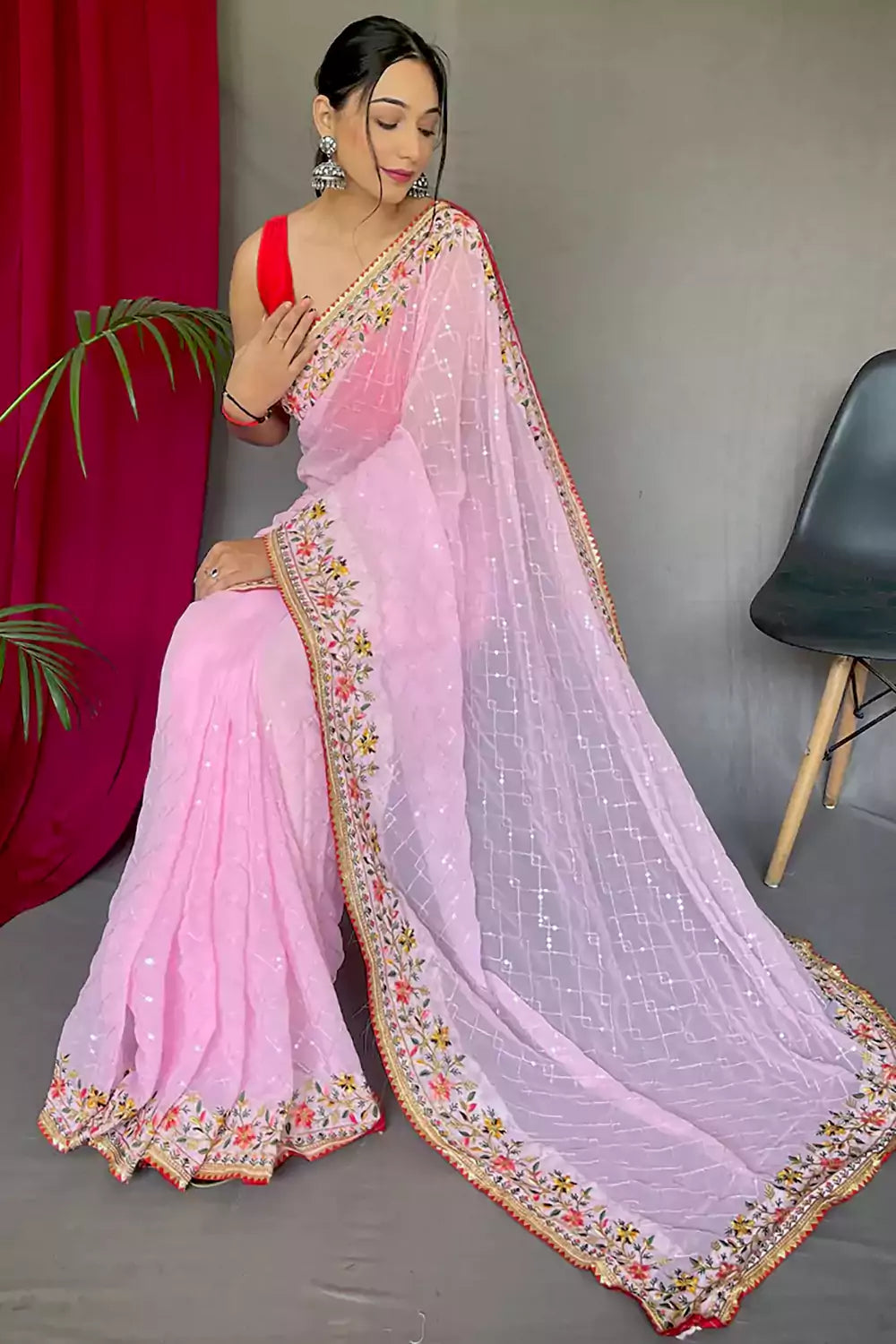 PINK - DESIGNER GEORGETTE SAREE WITH STONE WORK & EMBROIDERY