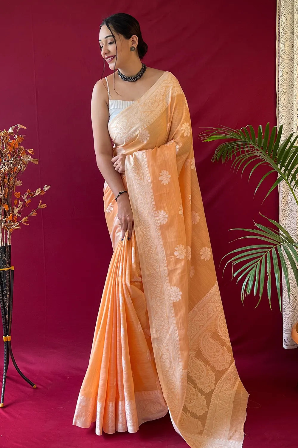 Pure Handloom Linen Light Gold Saree Online Shopping India UK USA – Sunasa