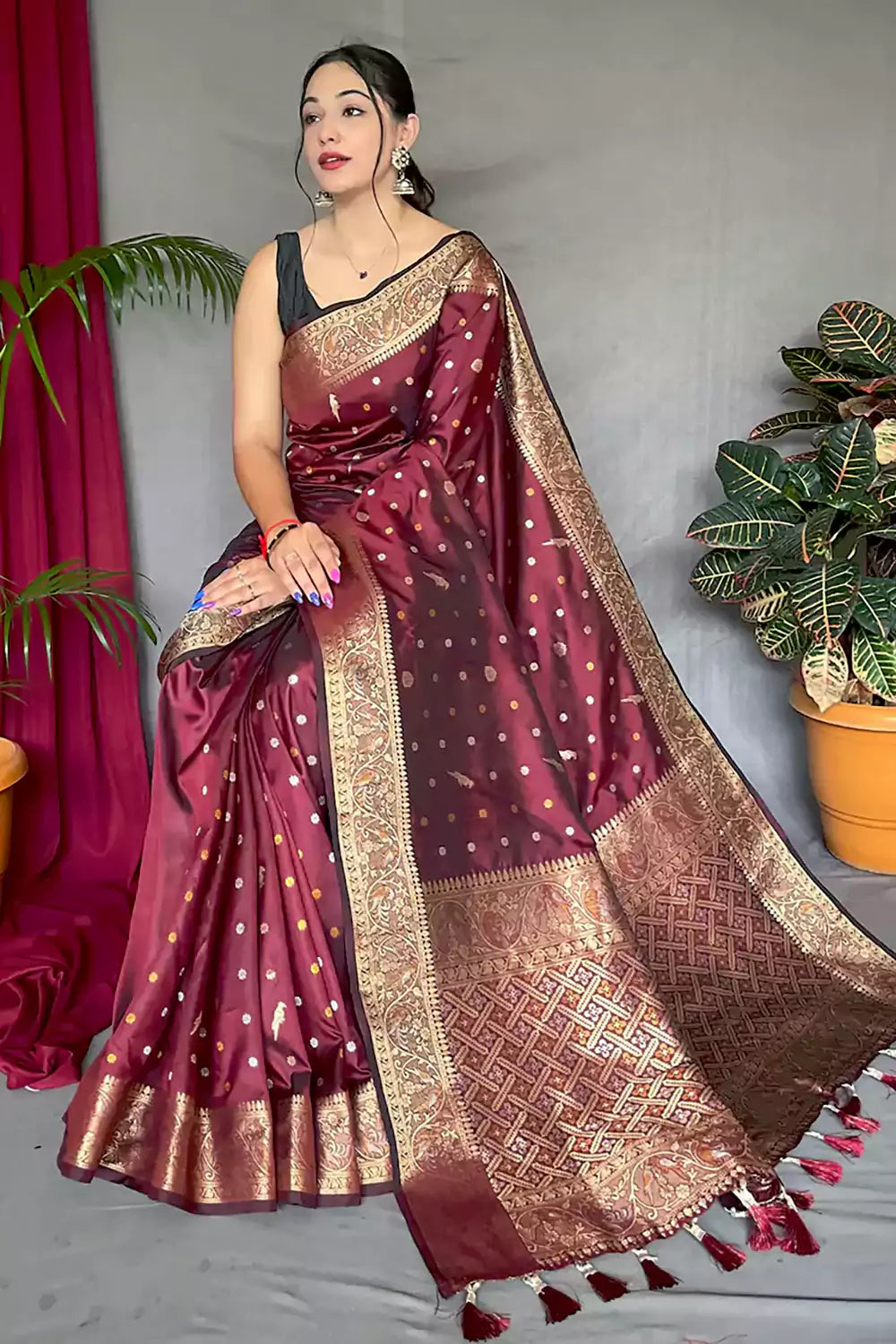 CM - Maroon color woven silk Saree - Indian