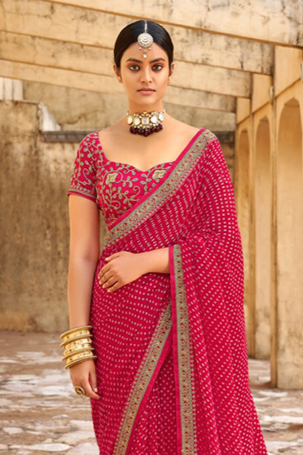 Red Bandhani Design Saree With Embroidery Work Blouse Bahuji Online Fashion Lifestyle Store