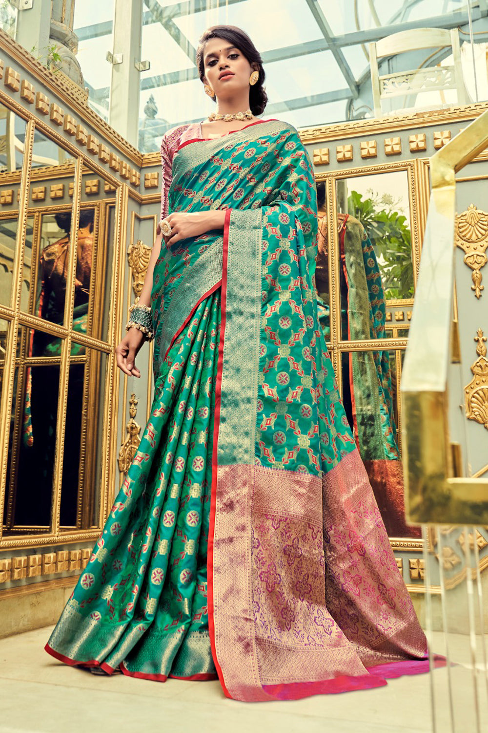 Buy Banarasi Silk Works Pink & Green Woven Saree With Unstitched Blouse for  Women Online @ Tata CLiQ