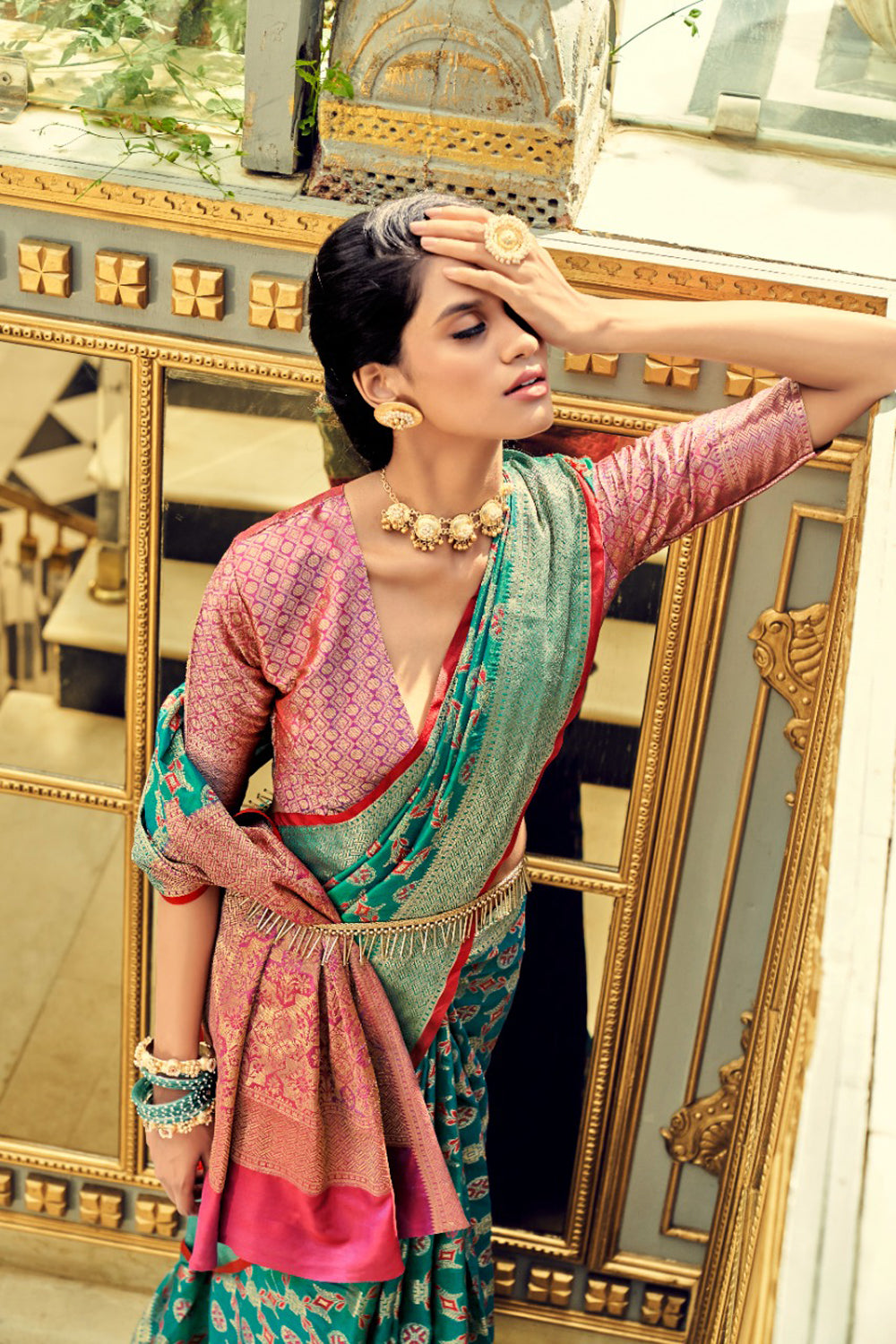 Buy Pink Printed Saree And Blouse With Brocade Jacket In Banarasi Silk  KALKI Fashion India