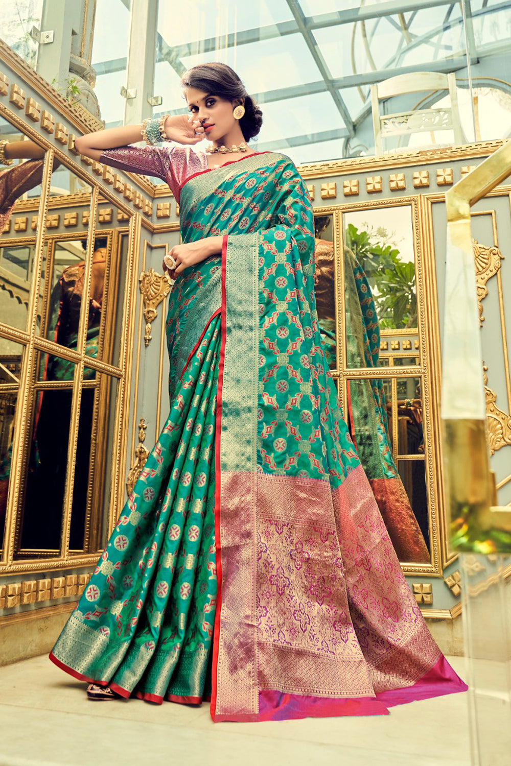 Buy Mela Pink Saree with Neon Green Blouse by SWATI VIJAIVARGIE at Ogaan  Online Shopping Site