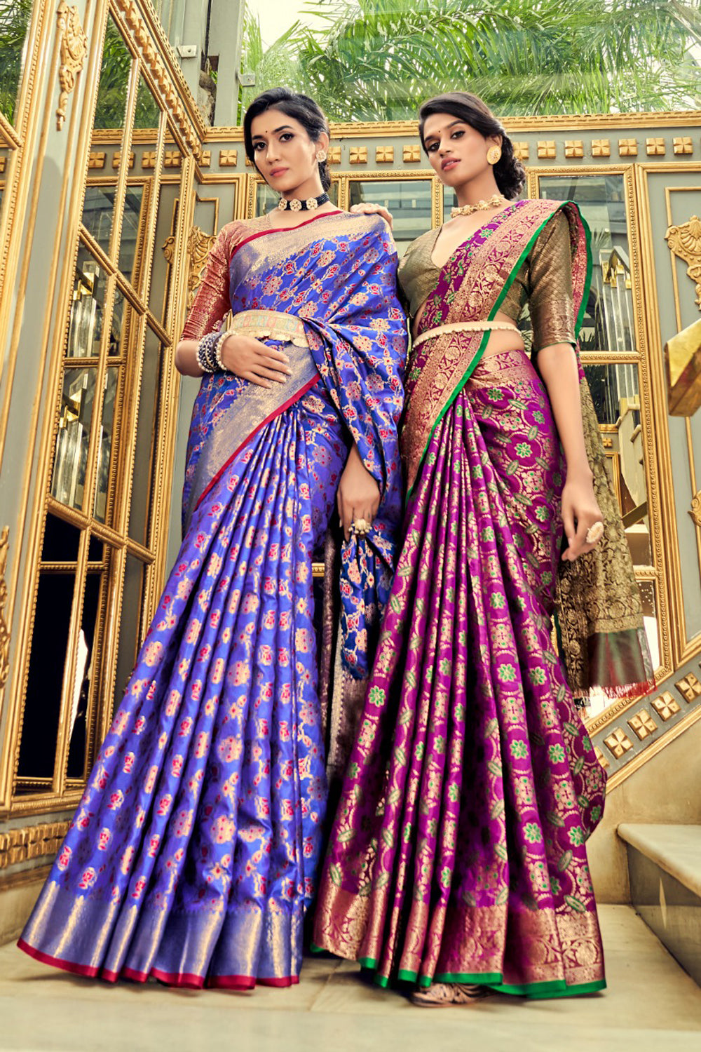 Pink And Blue Lichi Silk Saree And Blouse : The Morani Fashion