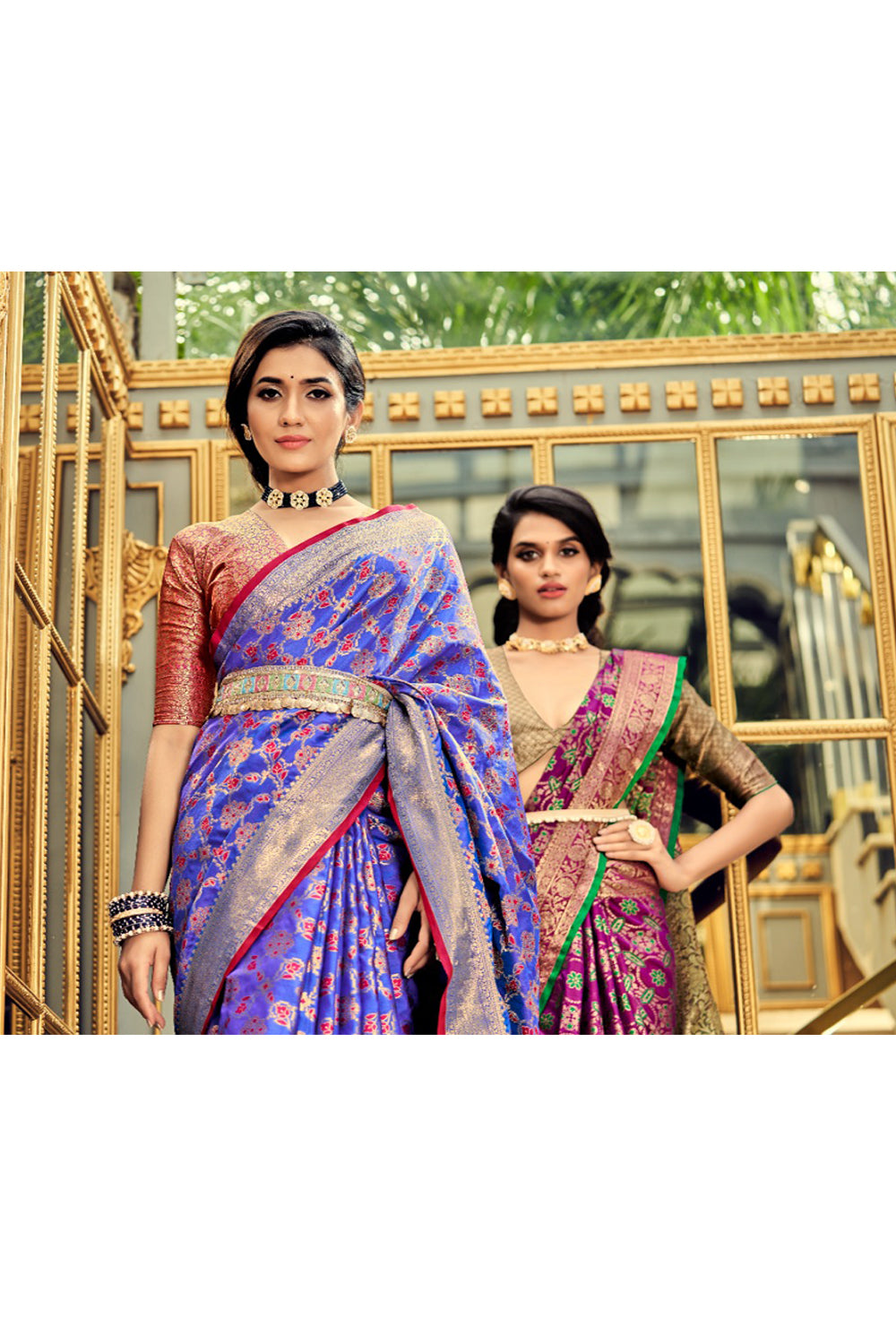 Free full draping )Blue and brown semi silk saree with hand worked bl –  Threads