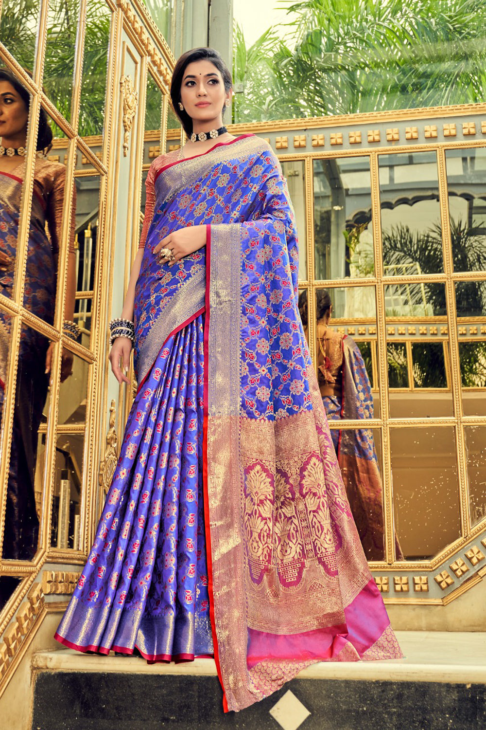 Elm Blue and Pink Woven Banarasi Soft Silk Saree – MySilkLove